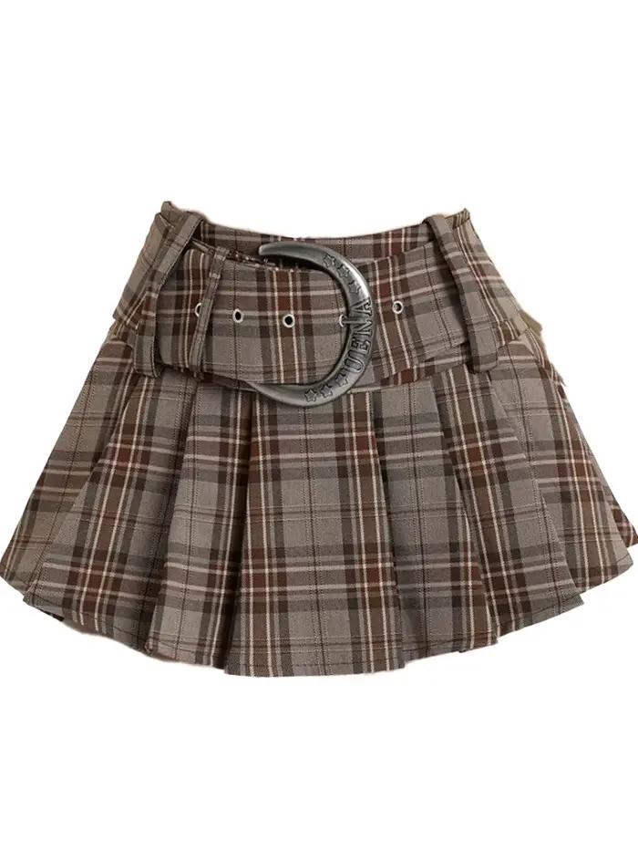 Jupe courte plissée en maille kaki pour femmes, style Y2K japonais Harajuku, jupe courte en A-line, style rétro décontracté, style universitaire, vêtements.