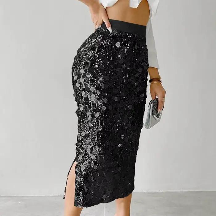 Jupe Sexy à paillettes, taille haute, moulante aux hanches, à la mode, couleur unie, élégante, mi-longue, jupes à paillettes