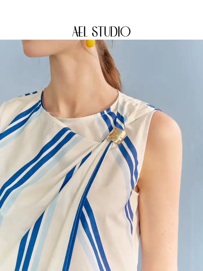 Ensemble jupe et haut sans manches rayé bleu et blanc AEL pour femme, style marin, jupe asymétrique en pur coton, idéal pour les vacances d'été