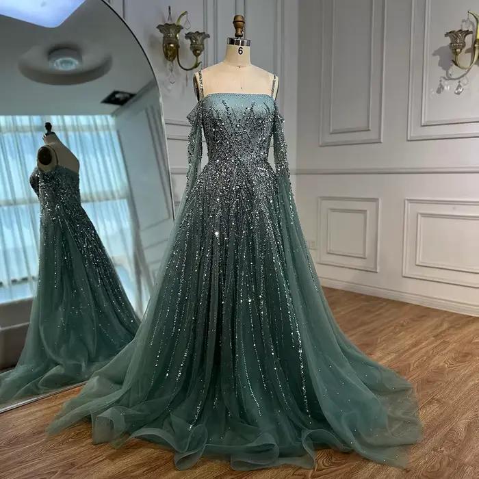Robe de soirée de luxe ligne A, Turquoise, avec Cape à manches longues, pour occasions formelles, Serene Hill, 2021, LA72957, personnalisée