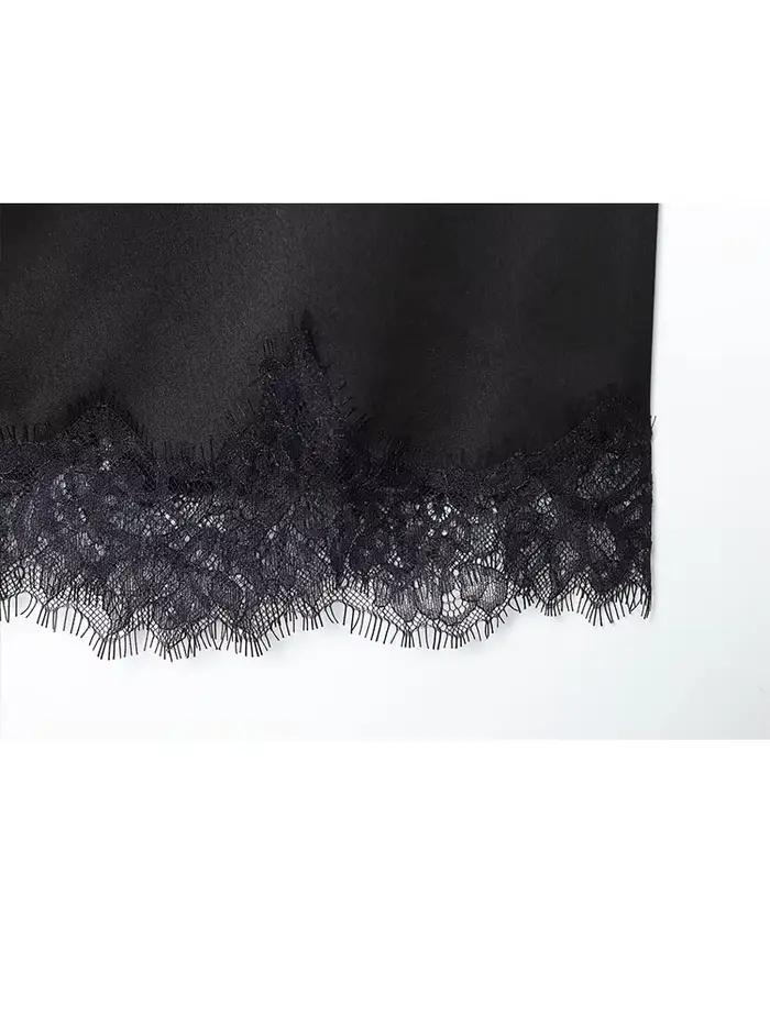 HH femmes mode polyvalent noir dentelle Satin jupe femme taille moyenne tempérament mince fermeture éclair nœud à