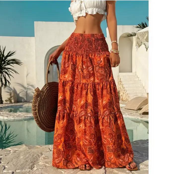 Jupe longue taille haute imprimée style bohème