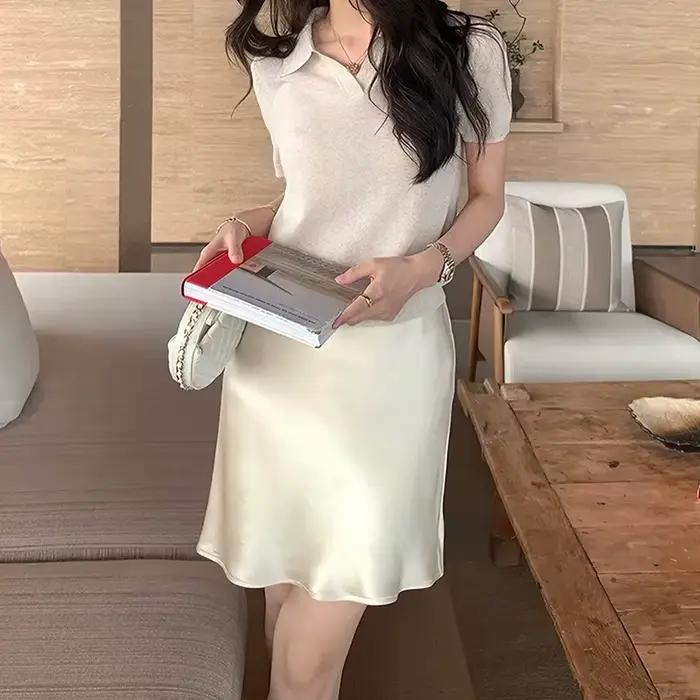 Jupe midi élégante en satin lisse pour femme, coupe trompette, taille élastique, idéale pour l'été