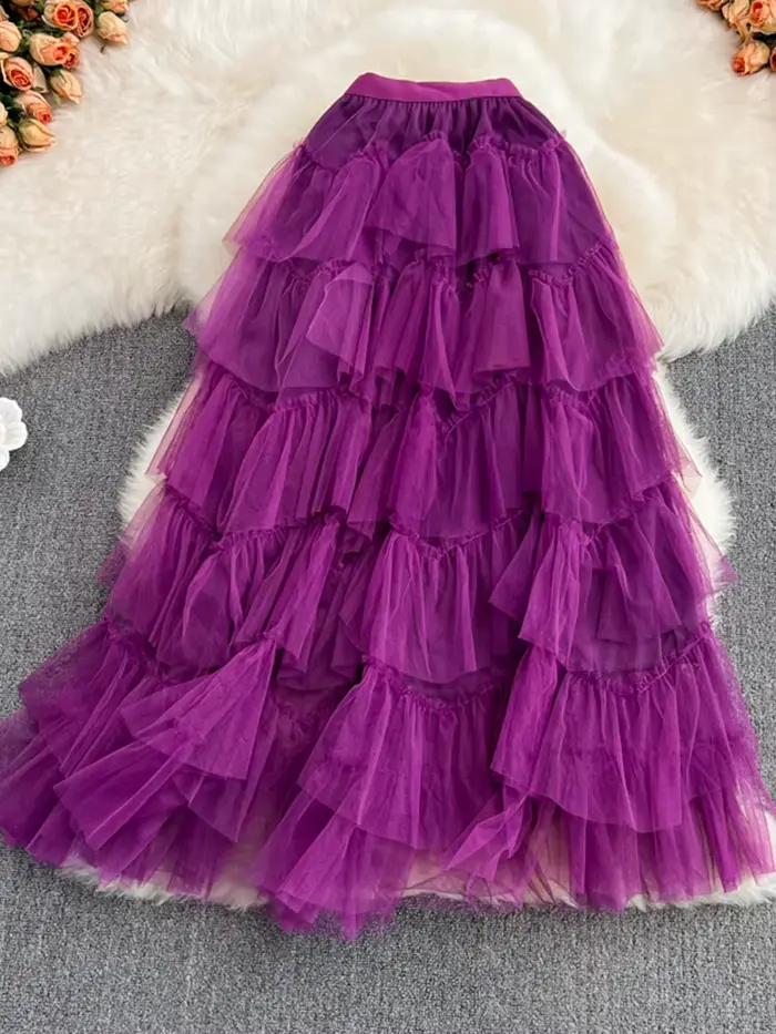 Tutu Tulle jupes longues femmes 2024 printemps coréen solide une ligne taille haute maille à plusieurs niveaux Maxi jupe femme Faldas esthétique