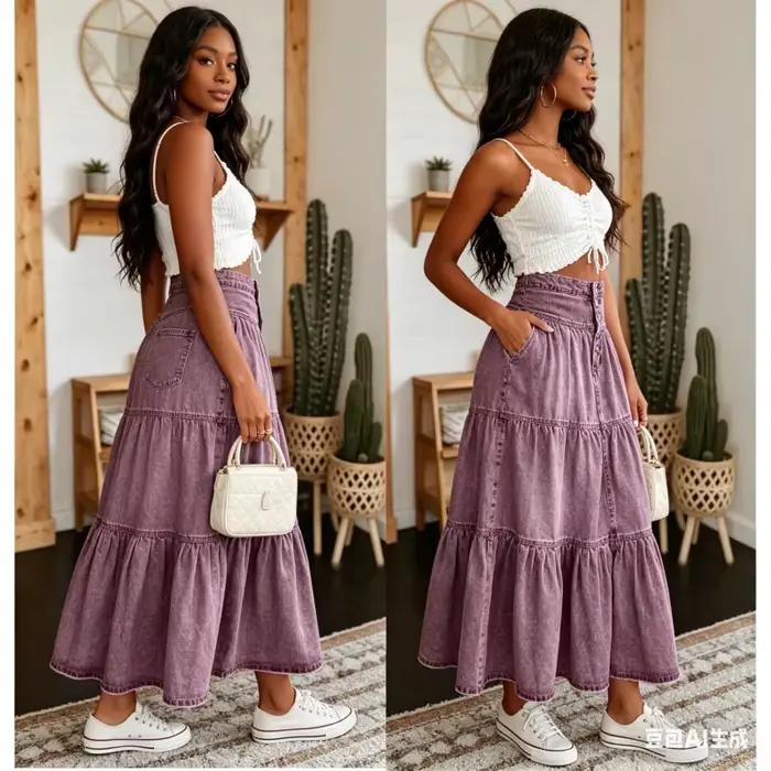 Jupe longue femme vintage en jean superposée style gâteau