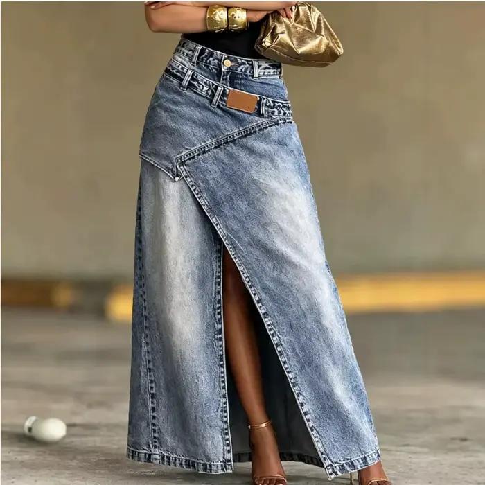 Jupe longue en jean délavé taille haute asymétrique avec fente avant irrégulière pour femme