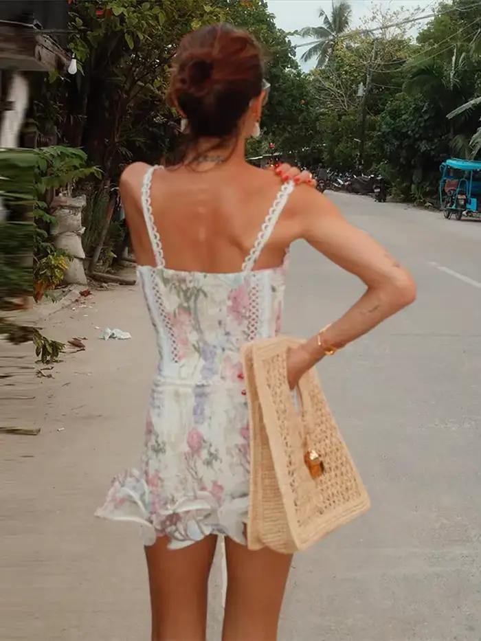 Ensemble jupe et haut imprimé floral pour femme, haut court sans manches à bretelles spaghetti et dos nu, mini-jupes moulantes à volants, tenues d'été pour femme