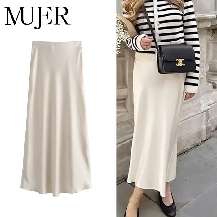 MUJER Satin jupes longues pour femmes drapé taille haute jupe Midi femme été droite