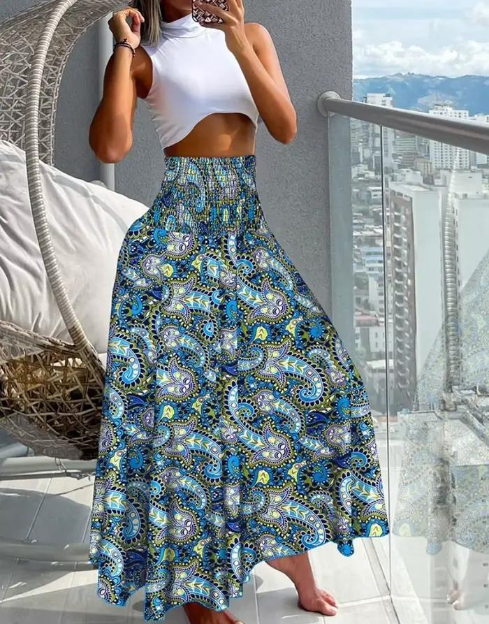 Jupe longue à taille haute pour femme, imprimé floral, silhouette en A, pour les vacances d'été à la plage