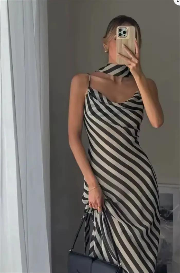 Robe longue d'été pour femme, nouvelle collection, imprimé rayé, col foulard chic, bretelles spaghetti, robe de soirée