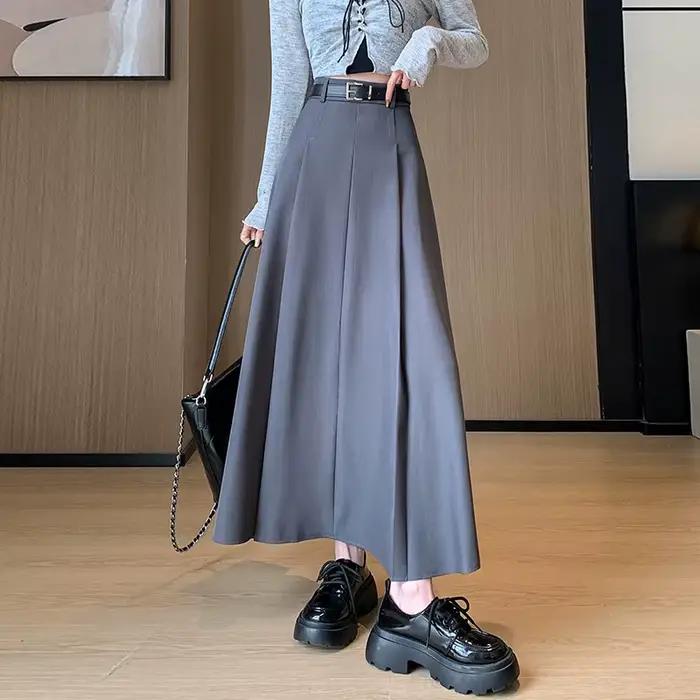 Jupe Longue Plissée Noire Élégante de Style Coréen pour Femme