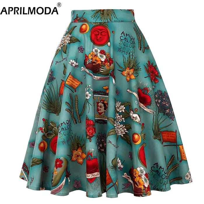 Jupe trapèze mi-longue en coton pour femme, APRIL MODA, style vintage, pin-up, rockabilly, patineuse, école, polyvalente, silhouette élégante ```