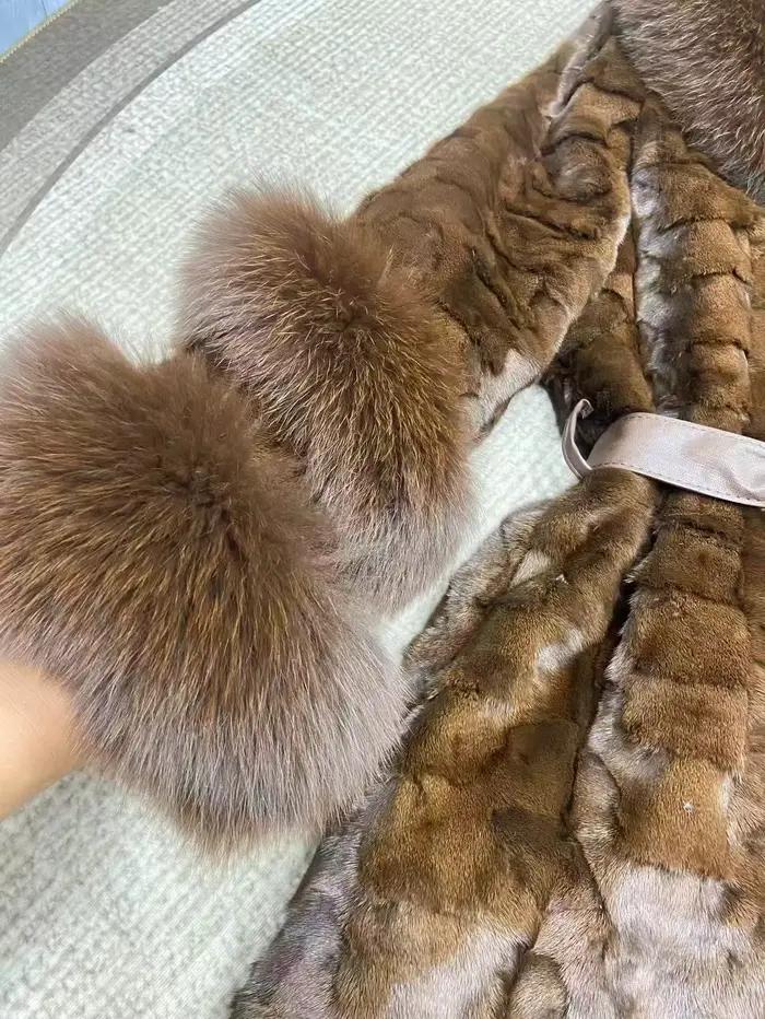 Manteau en fourrure de vison véritable pour femmes, veste avec col en fourrure de renard, pardessus Long élégant de luxe