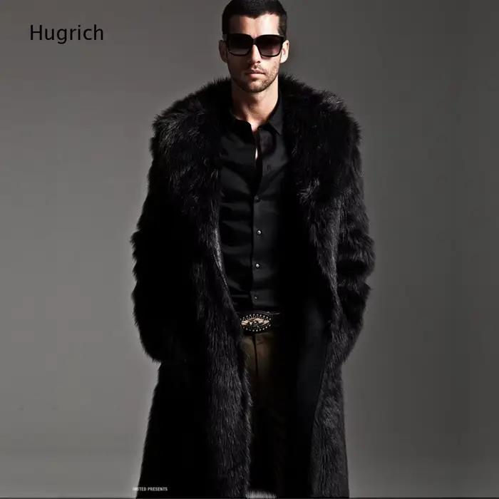Manteau mi-long en fausse fourrure noire pour homme, col large à revers, ouverture sur le devant, veste d'hiver moelleuse