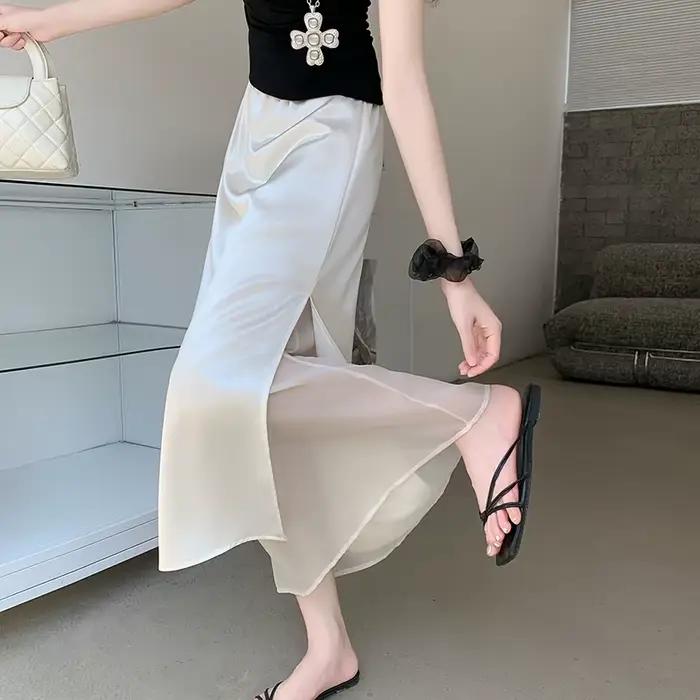Acétate Satin Tulle lambrissé jupe fendue femmes été léger décontracté jupe longue taille haute élégante a-ligne jupe bureau dame