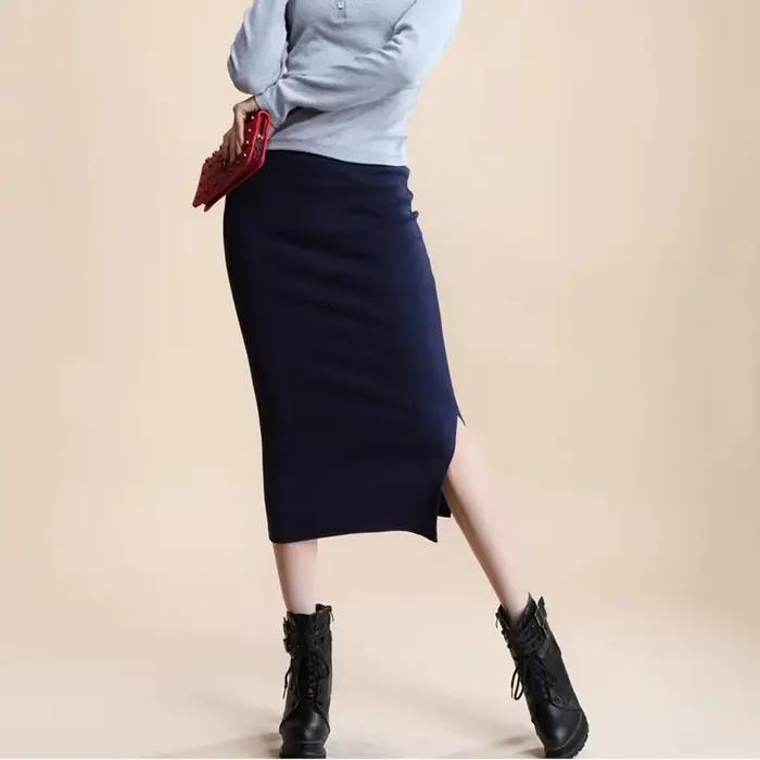 Hiver femmes jupe taille haute Stretch crayon longue fente avant