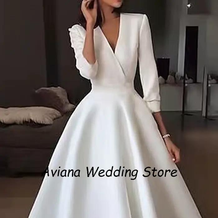 Robes de mariée mi-longues en satin élégantes personnalisées pour femmes, col en V, manches 3/4 longues, robe de mariée courte, simple, éducative, 2025