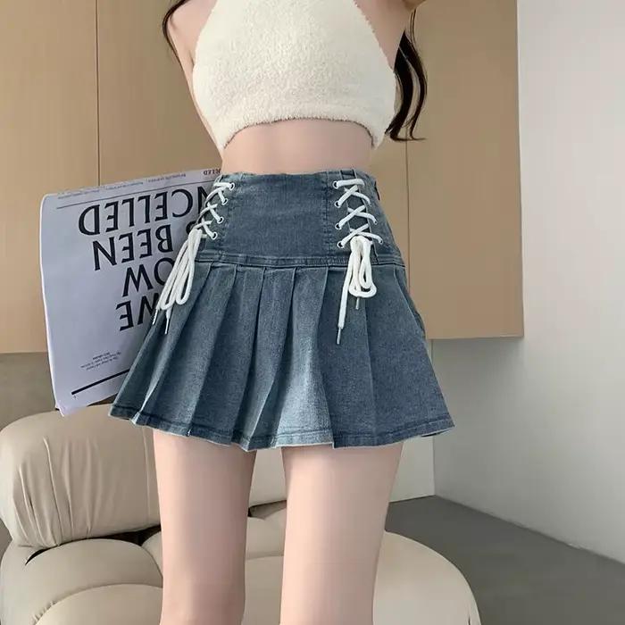 Denim jupes plissées femmes mignon à lacets Chic fille été Mini jupe Style coréen mode Sexy taille haute Streetwear collège