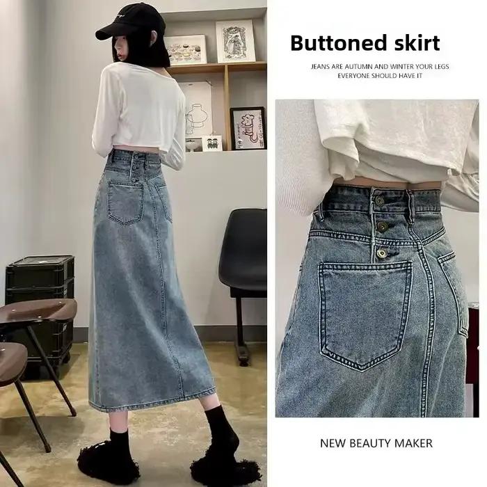 Jupe mi-longue en jean taille haute pour femme