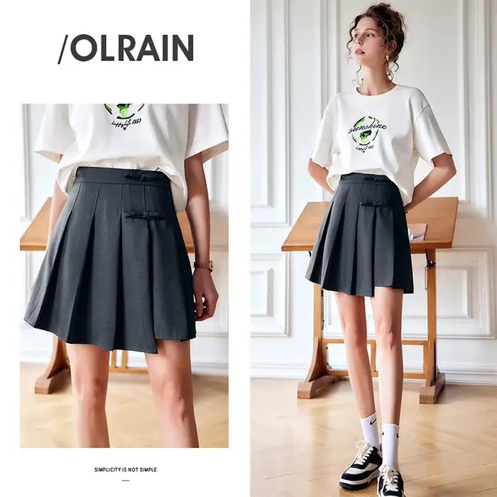 Jupe plissée OLrain pour femme, style français, gris anthracite, taille haute, effet rajeunissant, collection été 2026, modèle O22XB01132