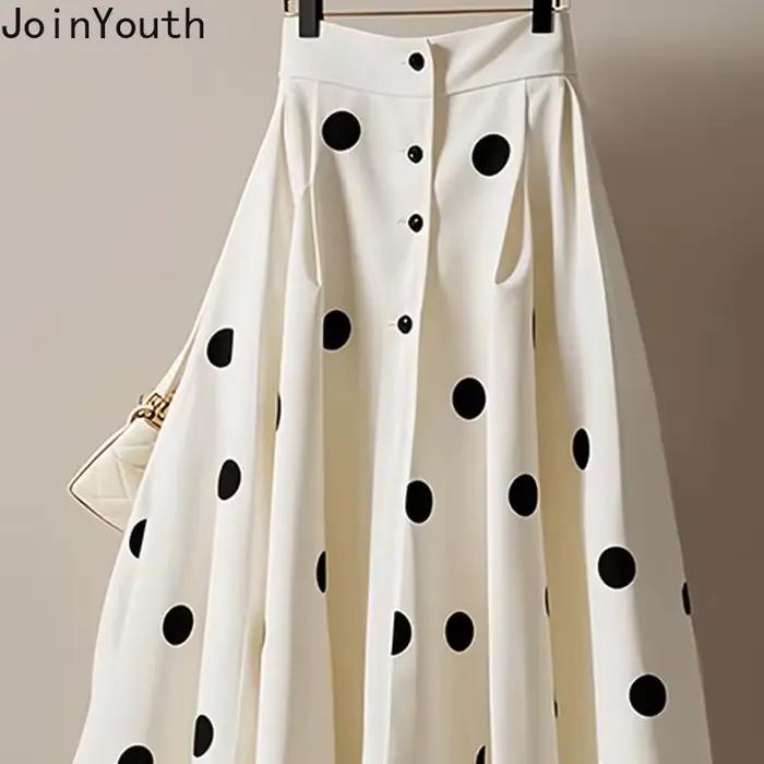 Jupe blanche à pois pour femmes 2025 Faldas Mujer De Moda taille haute a-ligne