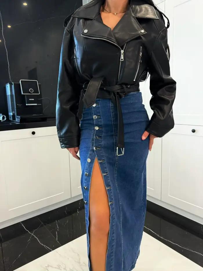 Automne femmes taille haute rétro bouton irrégulier jupe fente lavé bleu Denim jupes femme paquet hanche jean