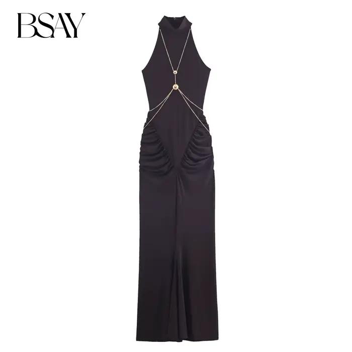 BSAY chaîne licou col robe femmes mode automne hiver nouveau sans manches élégant long gilet robes Chic femme soirée Mujer