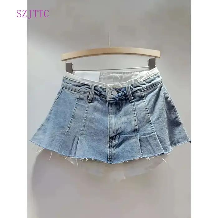 Jupe en jean femme taille haute plissée Patchwork couleur contrastée grandes poches bavures a-ligne Mini
