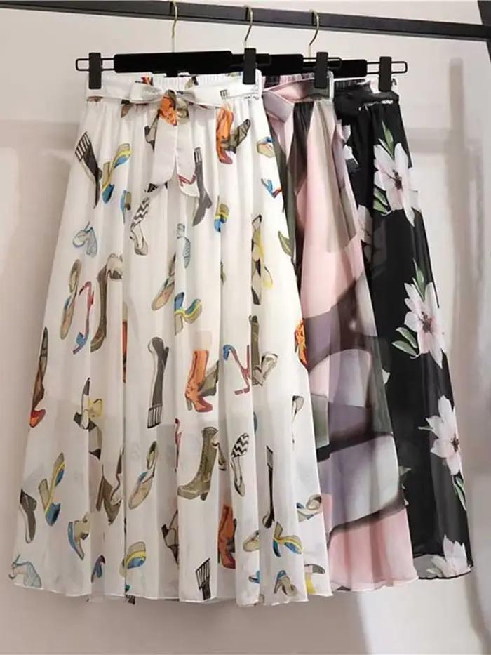 Jupe longue femmes pour printemps été dame Style coréen blanc noir en mousseline de soie soleil école taille haute