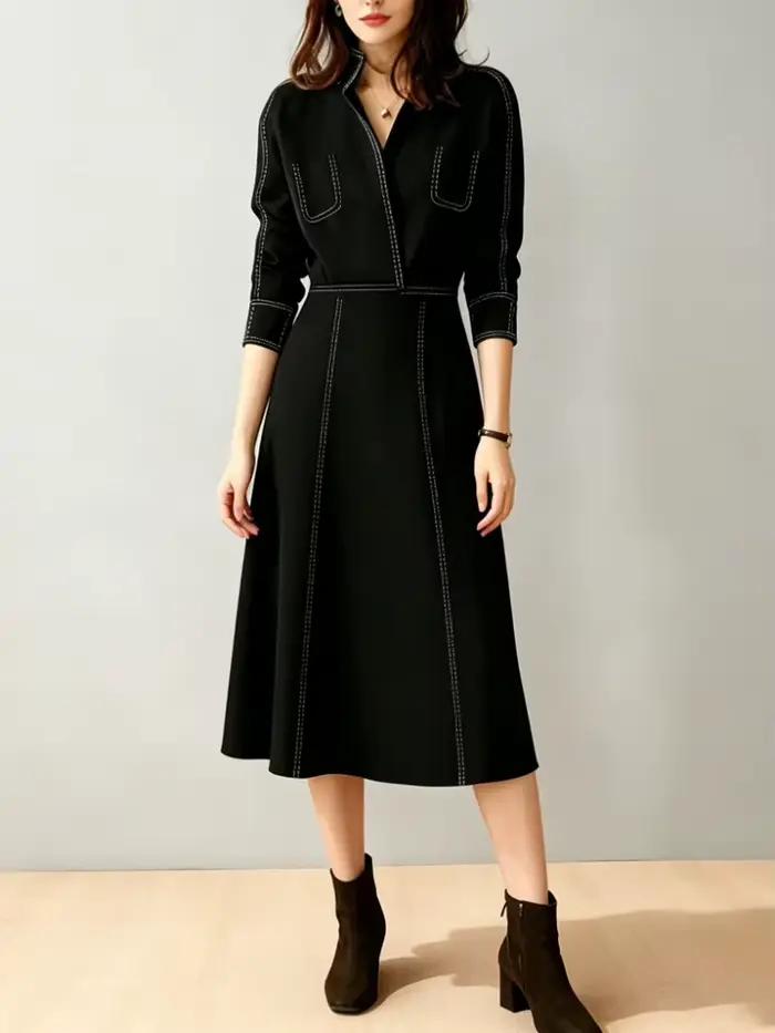 Robe midi noire pour femme 2026 – Robes décontractées élégantes pour femme – Tenues décontractées à col en V et surpiqûres contrastées
