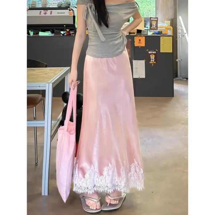 Jupe Sirène en Satin et Dentelle Polyester Taille Haute Coupe Trapèze Élégante Femme Occasions Spéciales