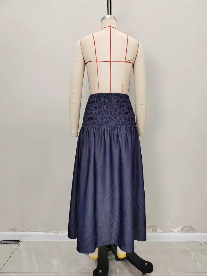 Fairyshely décontracté Faux Demin imprimé jupe longue femmes 2025 été à volants taille haute jupe Midi dame élégante une ligne jupe plissée