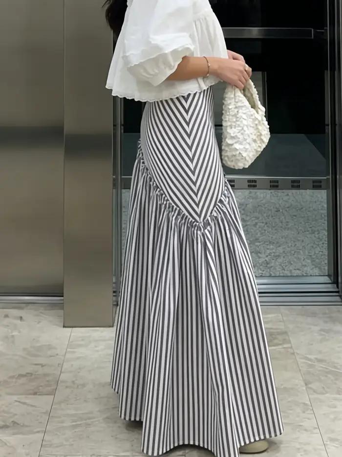 Jupe longue asymétrique à taille haute, plissée, à rayures vintage de style français. Design unique pour les trajets quotidiens, amincissant et flatteur, avec une élégance à la française, jupe longue 