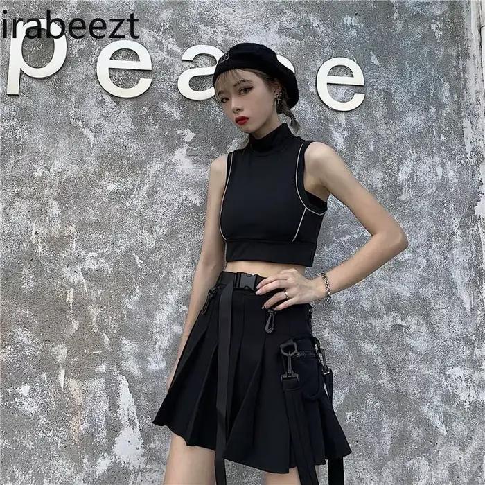 Jupe-culotte noire pour femme, Style Harajuku, Super offre spéciale, taille haute plissée, jupe trapèze, coupe régulière, été