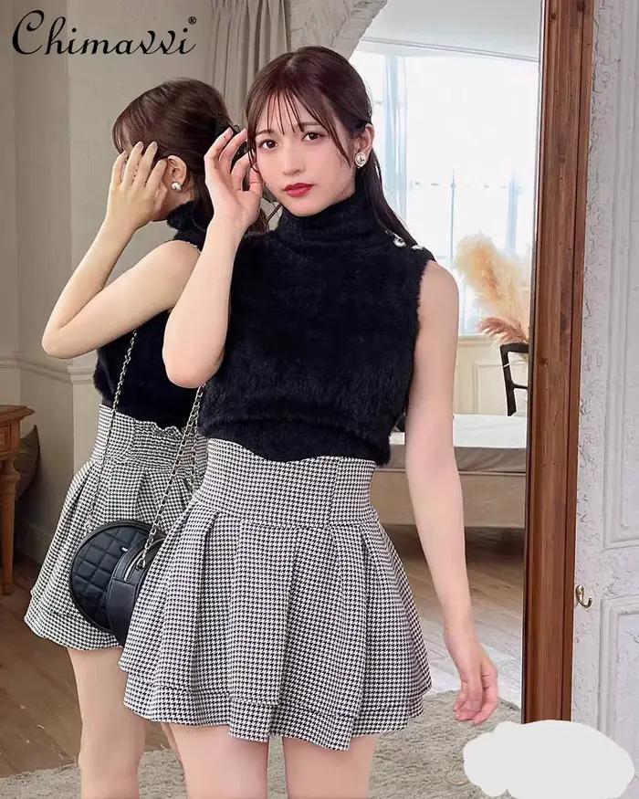 Japonais Lolita jupes à volants plissé jupe à carreaux femmes 2025 printemps nouveau élastique taille haute minceur