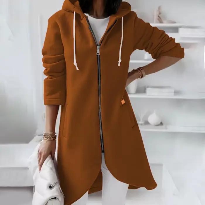 Veste à Capuche Longue pour Femme, Manteau avec Fermeture Éclair, Couleur Unie, Décontracté, Poches, Vêtements d'Extérieur, Automne et Hiver