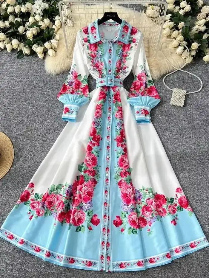 Robe maxi bohème à manches longues lanterne pour femmes
