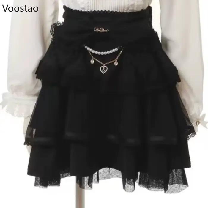 Mini jupe Lolita japonaise élégante avec nœud et chaîne de perles pour femmes, occasion spéciale gothique Y2K et dentelle