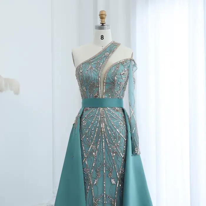 Sharon Said luxe Turquoise une épaule robe de soirée avec surjupe pour les femmes de mariage robe de bal arabe SS307 personnalisé