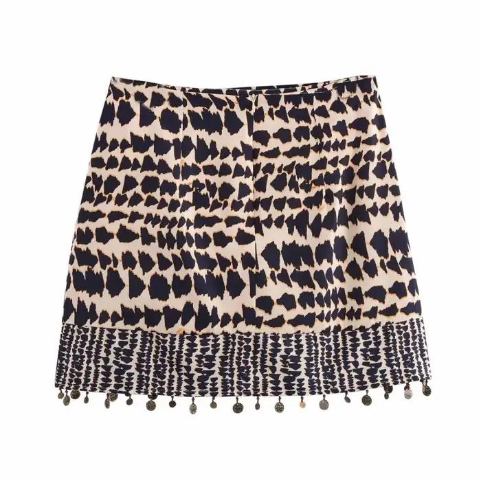 Jupe mini asymétrique sexy à imprimé léopard pour femme 2026 avec taille à nouer et ourlet à franges métalliques pour soirée et tenue de ville