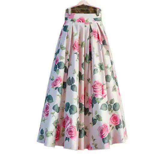 Jupe longue imprimée roses décontractée pour femmes printemps été ajustement mince polyester voyage et affaires