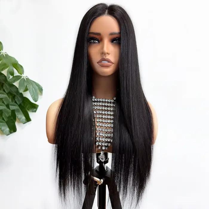 Perruques longues et droites en cheveux humains pour femmes, 10x12cm, avec dessus en soie et devant en PU, sans colle, ajustables, noires naturelles, pour usage quotidien