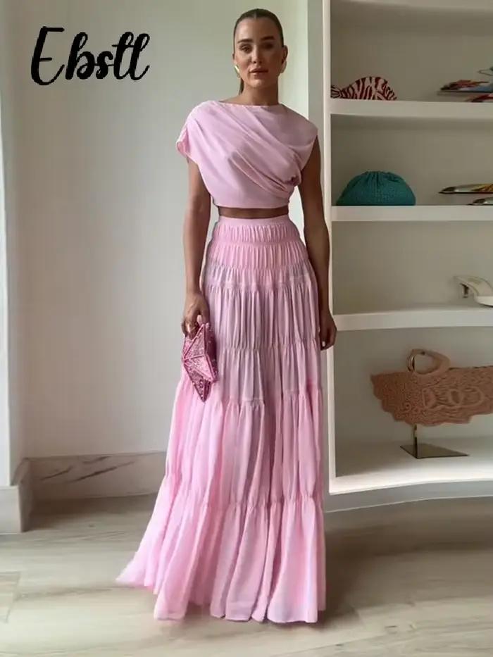 Ensemble jupe plissée unie pour femmes, haut court sans manches, taille haute, jupes trapèze élastiques, costumes élégants pour dames, printemps 2025