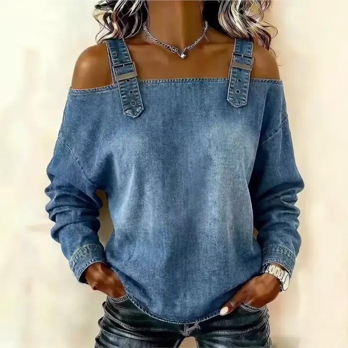 Haut en jean pour femme, élégant, à épaules dénudées, à manches longues avec bretelles, chemise en jean élégante et polyvalente, streetwear pour femme