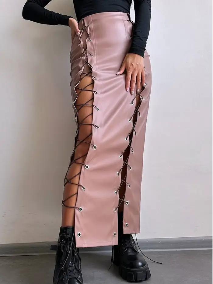 Jupe longue en cuir à lacets noirs sexy pour femmes