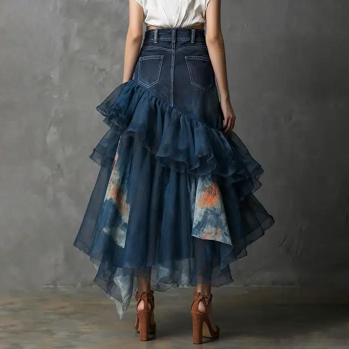 Jupe longue asymétrique en jean et tulle à volants pour femme
