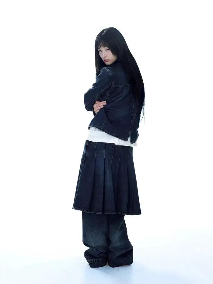 Veste en jean à col rabattu délavé, Vintage coréen, jupe plissée + pantalons décontractés, ensembles 3 pièces, tenues pour femmes, costumes de styliste Y2k