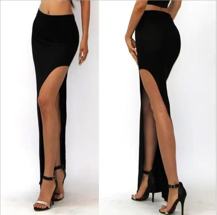 Robe longue moulante, Sexy, taille haute, fente latérale, exposure de jambes colorées, jupe longue en tissu tricoté, Style élégant pour femmes adultes