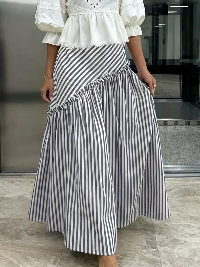 Jupe longue asymétrique à taille haute, plissée, à rayures vintage de style français. Design unique pour les trajets quotidiens, amincissant et flatteur, avec une élégance à la française, jupe longue 