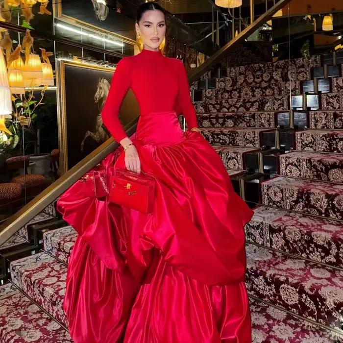 Jupes de soirée rouge de noël deux couches drapées en Satin longue jupe Maxi Saias pour les femmes bureau dame